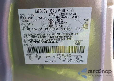 2008 Ford Escape Xlt из США, поврежденный, VIN 1FMCU03Z78KC23837